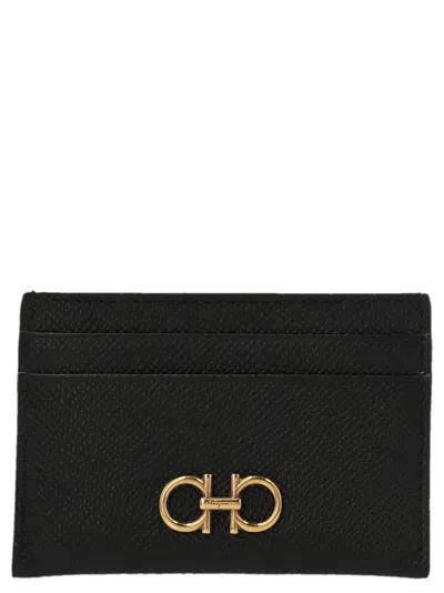 Ferragamo Black Card-holder With Gancini Detail In Hammered Leather Woman