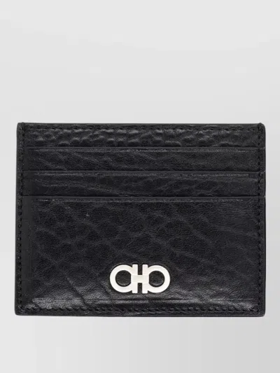 Ferragamo Logo Card Holder Textured Finish Design In Black
