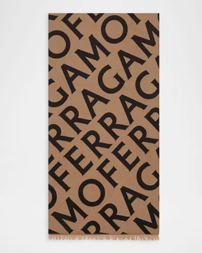 Ferragamo Logo Cashmere-blend Scarf In Brown