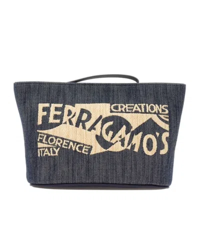 Ferragamo Logo-print Denim Make Up Bag In Blue