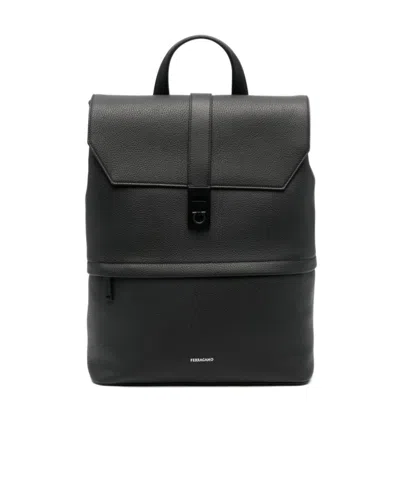 Ferragamo Logo-debossed Leather Backpack In Black