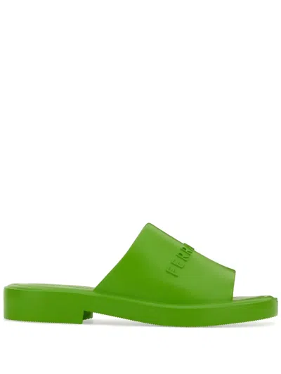 Ferragamo Logo-debossed Open-toe Slides In Green