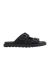 Ferragamo Logo Double Strap Slippers In Black