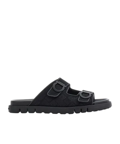 Ferragamo Logo Double Strap Slippers In Black