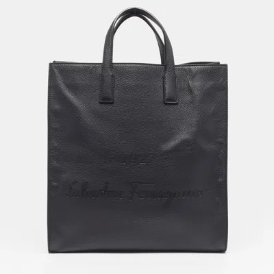 Pre-owned Ferragamo Logo Embossed Black Leather Tote