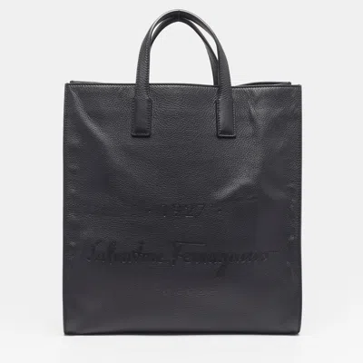 Ferragamo Logo Embossed Black Leather Tote