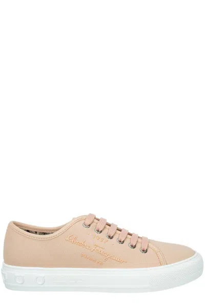 Ferragamo Logo Embossed Lace-up Sneakers In Pink