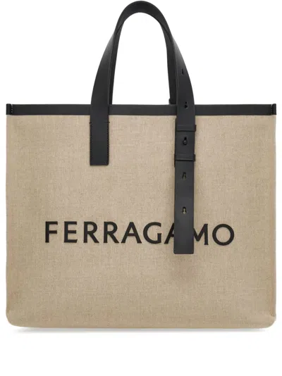 Ferragamo Logo-embossed Leather Tote Handbag In Tan