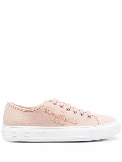 Ferragamo Cotton Canvas Low Top Sneaker With Logo In Pink