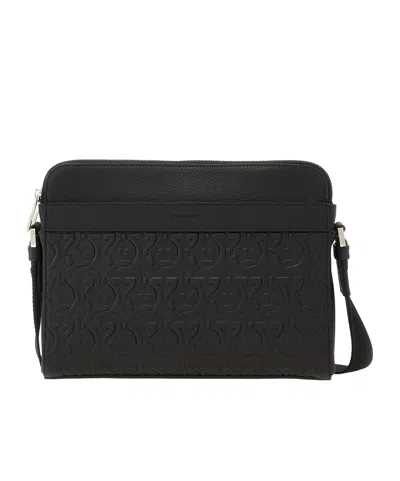 Ferragamo Logo Embossed Shoulder Bag In Black