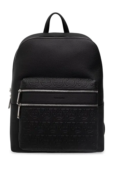 Ferragamo Embossed Backpack In Black