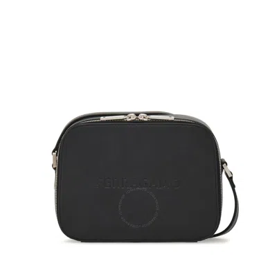 Ferragamo Logo Embroided Leather Camera Case In Black