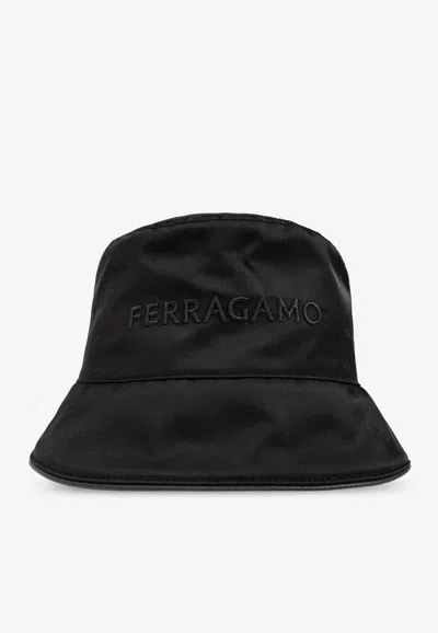 Ferragamo Logo Embroidered Bucket Hat In Black