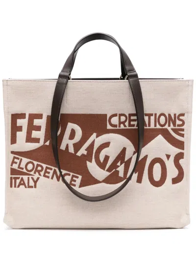 Ferragamo Logo-embroidered Canvas Tote Bag In Neutrals