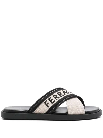 Ferragamo Logo-embroidered Crossover-strap Sandals In Black