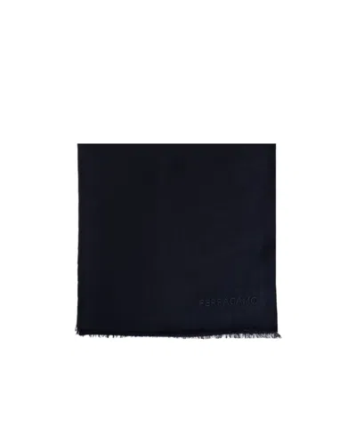Ferragamo Logo Embroidered Frayed-edge Scarf In Black