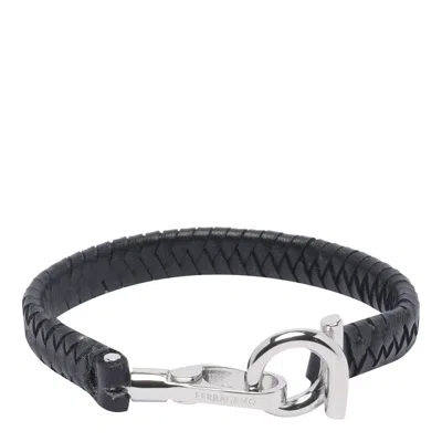 Ferragamo Logo Engraved Braided Bracelet In Black