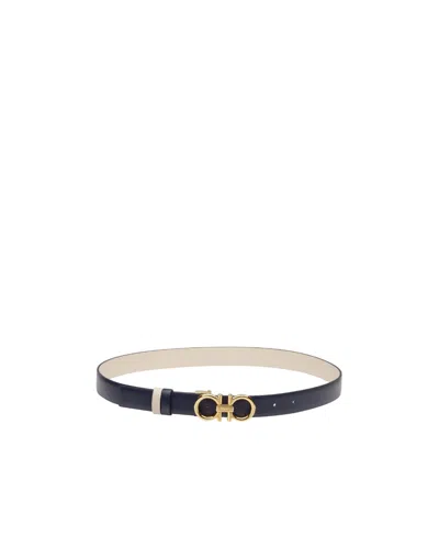 Ferragamo Logo-engraved Leather Belt In Navy/bone