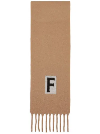 Ferragamo Logo Intarsia-knit Fringed Scarf In Black/camel