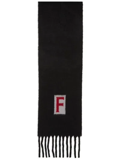 Ferragamo Logo Intarsia-knit Fringed Scarf In 黑色