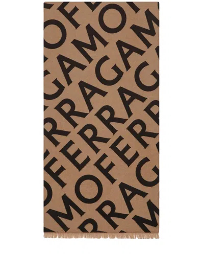 Ferragamo Logo Intarsia-knit Fringed Scarf In Beige/black