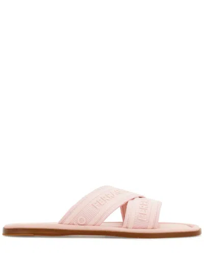 FERRAGAMO LOGO-JACQUARD CROSSOVER-STRAP SLIDES