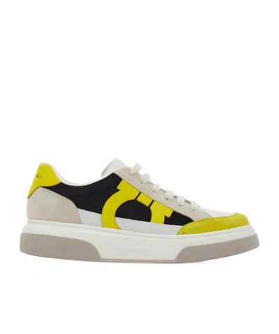Ferragamo Man Sneaker With Gancini Insert In Yellow/optic White/mascarpone
