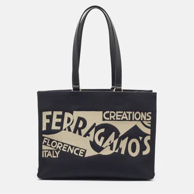 Pre-owned Ferragamo Logo Large Black Canvas Tote