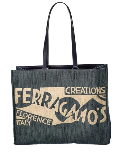 Ferragamo Logo Large Denim & Leather Tote In Blue