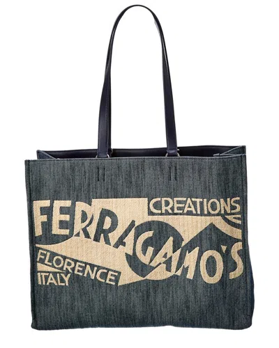 FERRAGAMO FERRAGAMO LOGO LARGE DENIM & LEATHER TOTE