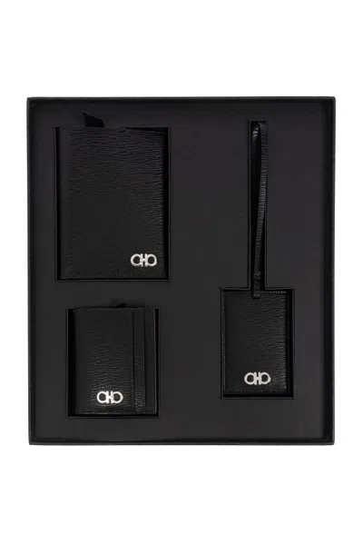 Ferragamo Logo Leather Wallet (set Of Three) In Black