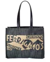 Ferragamo Logo Medium Denim & Leather Tote In Black