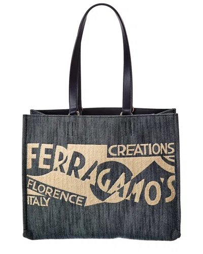Ferragamo Logo Medium Denim & Leather Tote In Blue