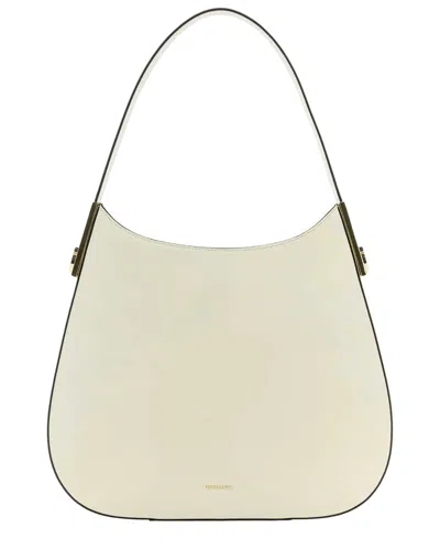 Ferragamo Logo Medium Leather Hobo Bag In White