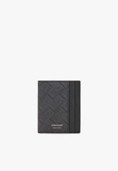 Ferragamo Monogram Textured Finish Credit Card Holder In Black