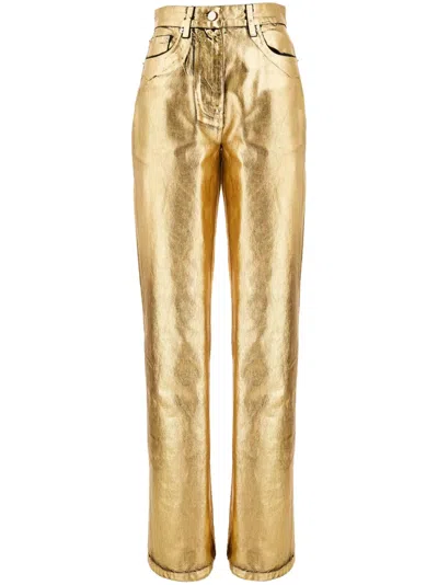 Ferragamo Logo-patch Metallic-finish High-waist Trousers In Gold