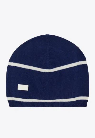 Ferragamo Logo-patch Striped Cashmere Beanie In Blue
