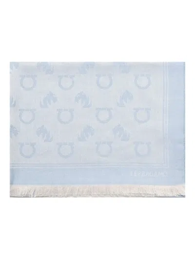 Ferragamo Logo-pattern Fringed Scarf In Blue
