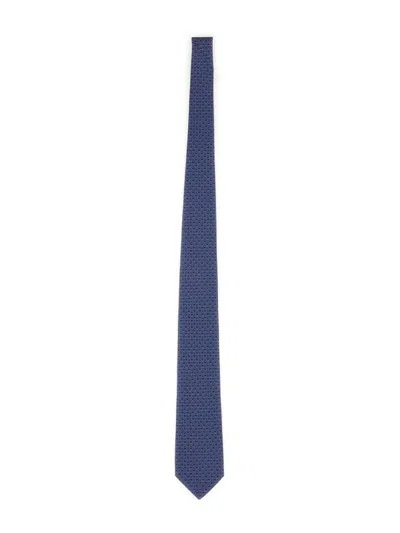 Ferragamo Logo Print Geometric Pattern Slim Tie In Blue