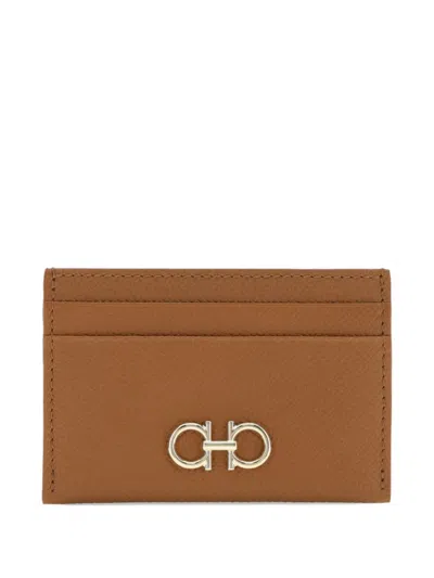 Ferragamo Hammered Leather Cardholder Featuring Gancini Detail In Brown