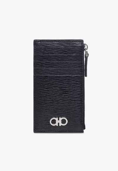 Ferragamo Logo Plaque Leather Cardholder In Black