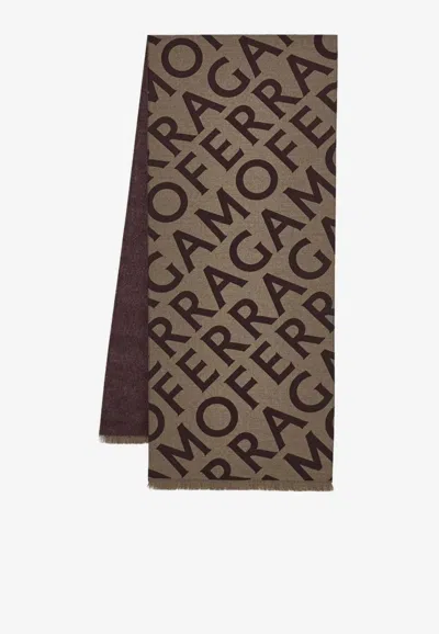 Ferragamo Logo Print Reversible Wool Scarf In Gray