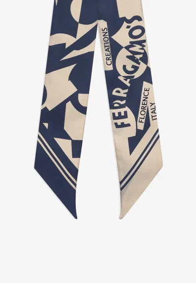 Ferragamo Logo Print Silk Bandeau Scarf In Blue