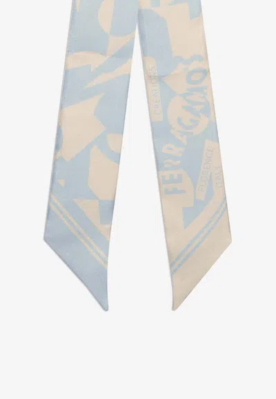 Ferragamo Logo Print Silk Bandeau Scarf In Light Blue