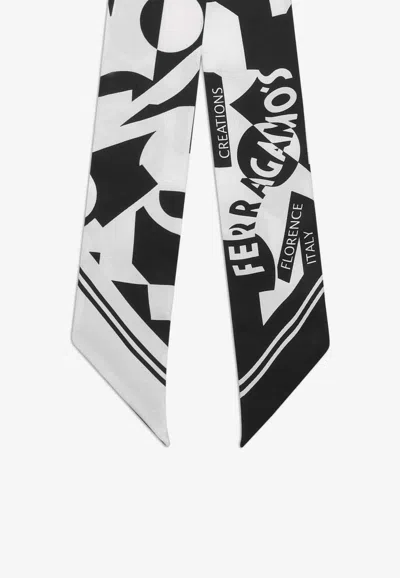 Ferragamo Logo Print Silk Bandeau Scarf In Monochrome