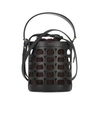 Ferragamo Logo Printed Cut Out Bucket Bag In Black