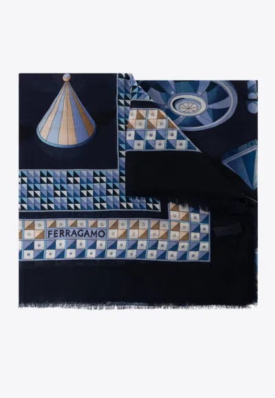 Ferragamo Logo-printed Silk Scarf In Navy