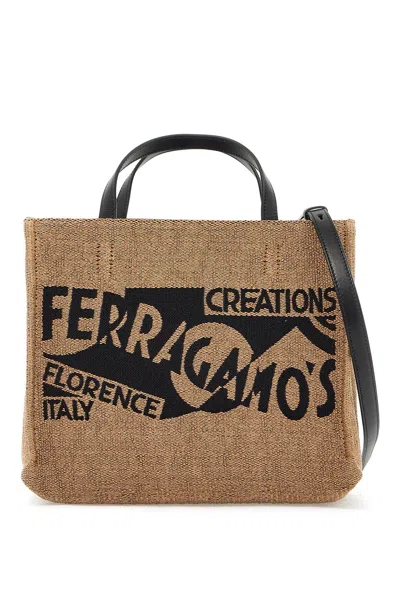 Ferragamo Logo Printed Small Tote Bag In Tan
