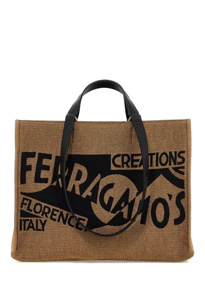 Ferragamo Logo Printed Tote Handbag In Tan For Women In Beige