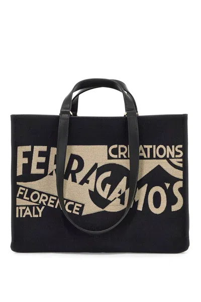 Ferragamo Black Tote Bag With Lucio Venna Logo Print In Fabric In Tan